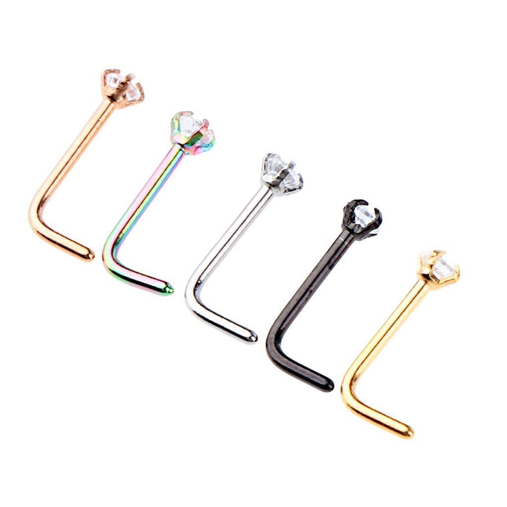 2-7pack 5 Pieces Stainless Steel L Shaped Nose Stud Rings Bar Body Piercing 20g