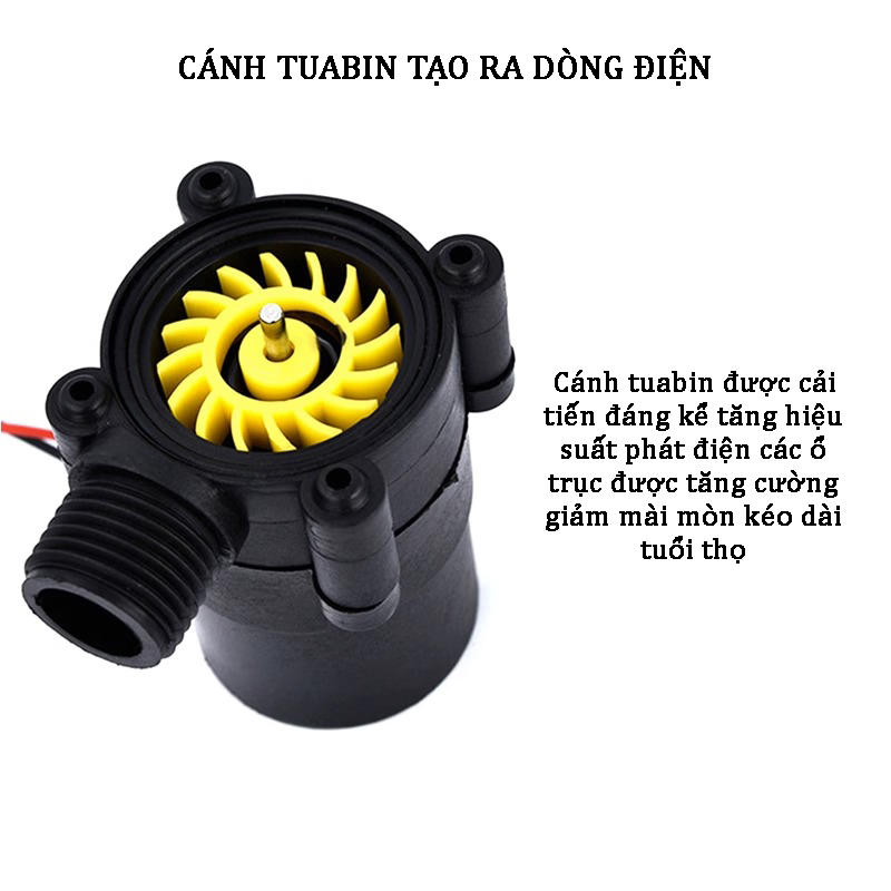 Máy phát điện mini 18V dựa vào dòng nước làm quay cánh tuabin phát sinh dòng điện một chiều công suất tối đa 3.5W, dòng điện 260mA