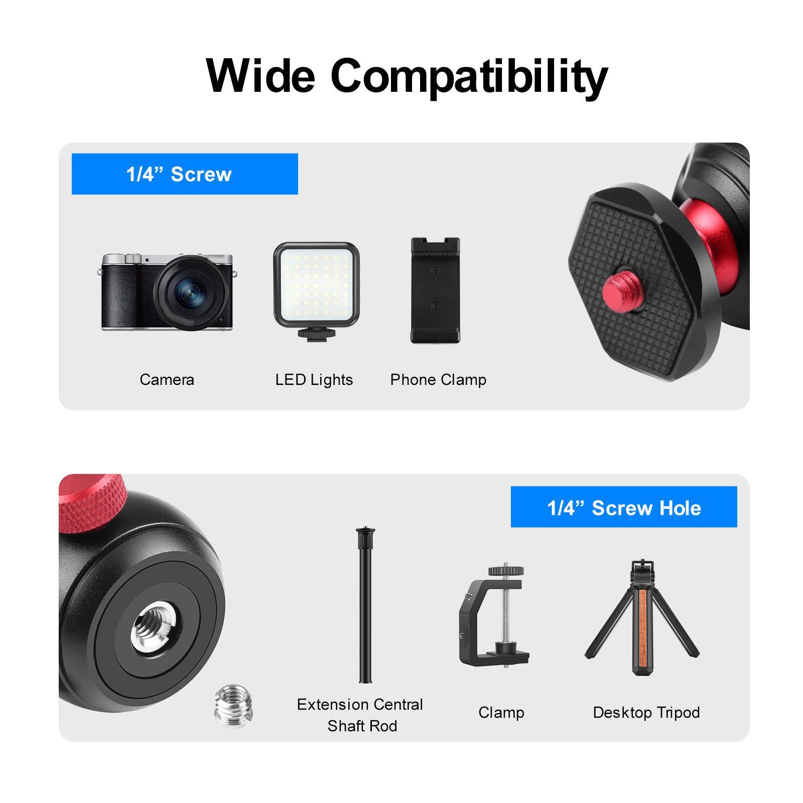 360 Degree Rotating Panoramic Tripod Ball Head, 1/4 inch Screw, 1/4 inch to 3/8 inch Screw Hole for DSLR Camera LED Lights