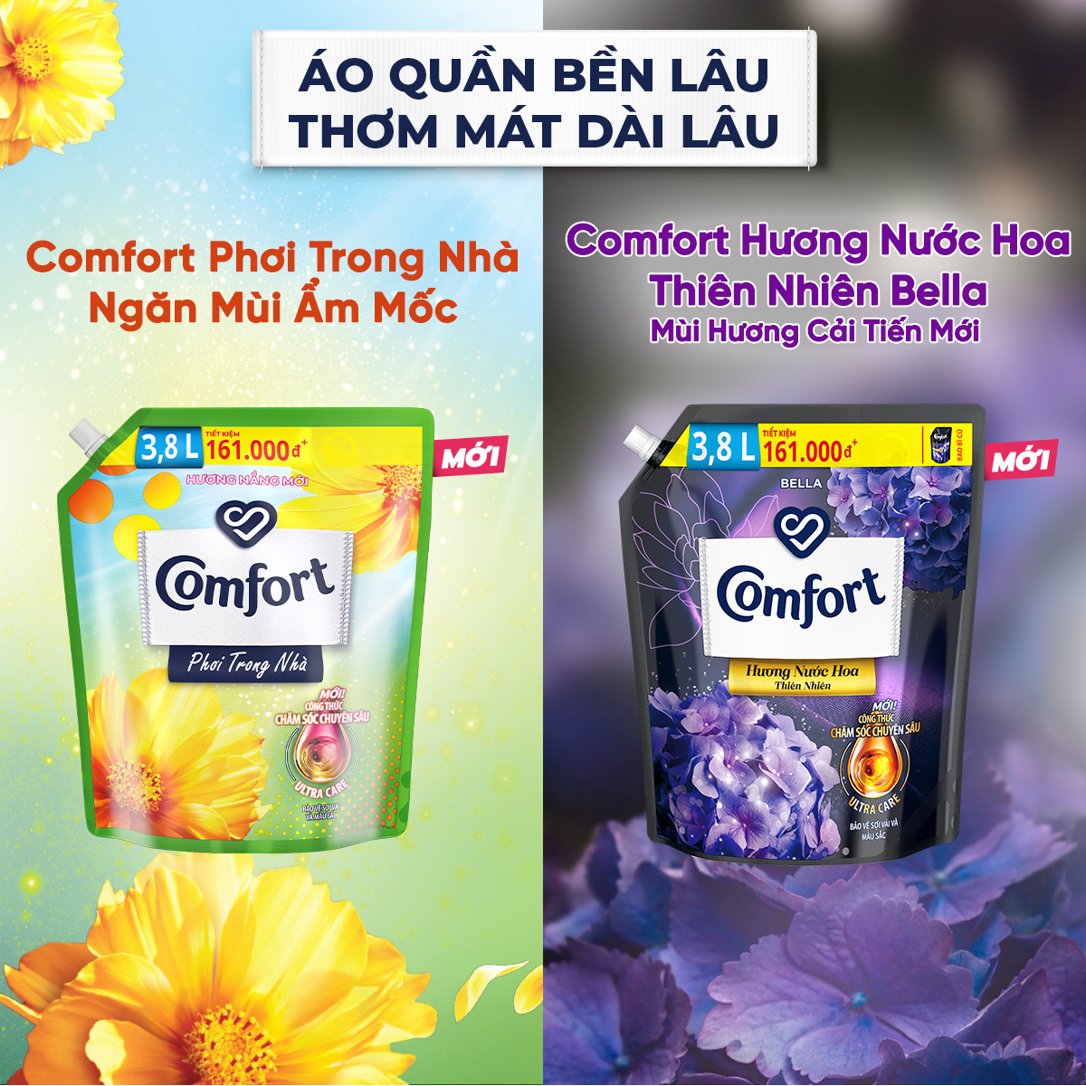 Combo 2 túi Nước xả làm mềm vải Comfort chăm sóc chuyên sâu phơi trong nhà Hương nắng mới