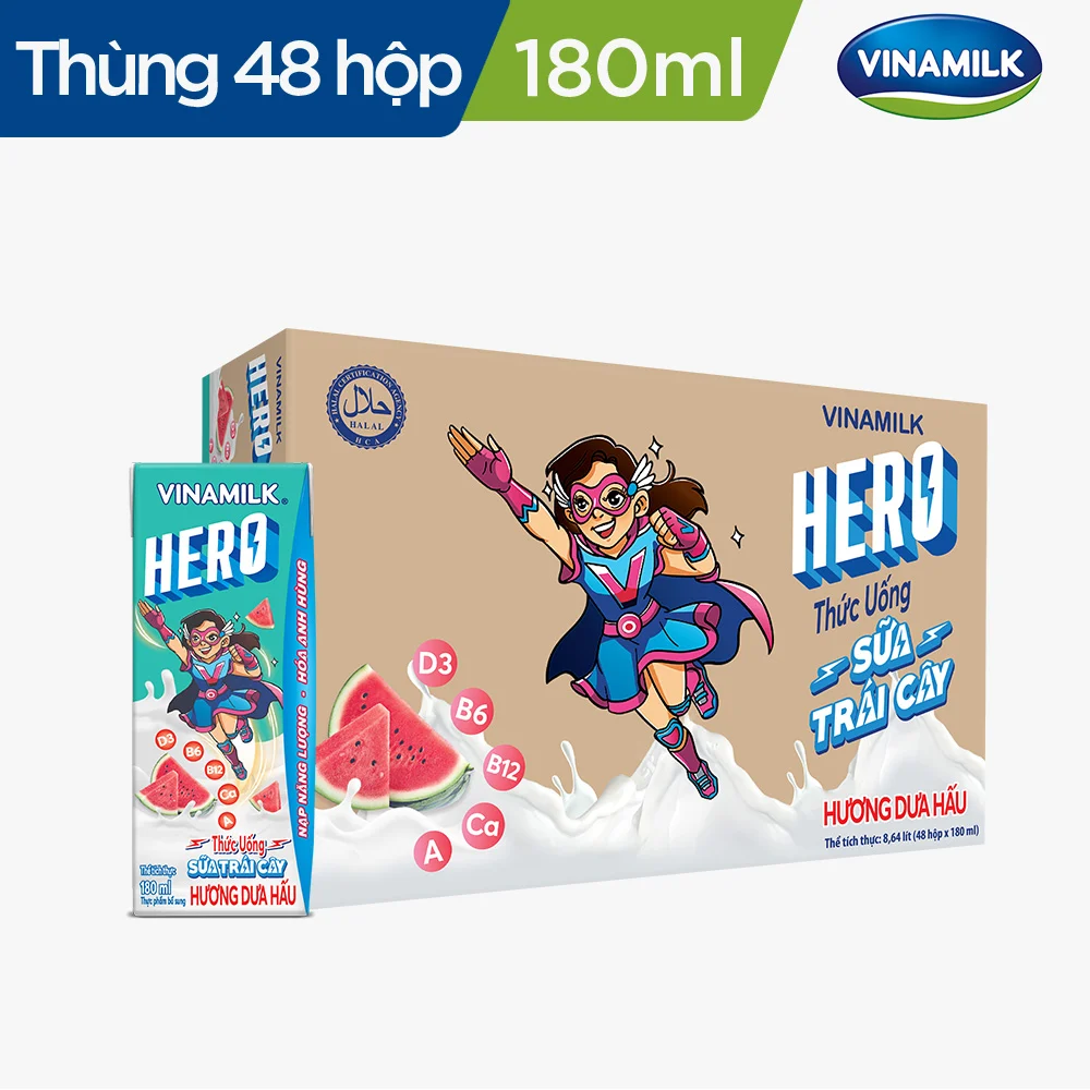 THỨC UỐNG SỮA TRÁI CÂY HERO VỊ DƯA HẤU - THÙNG 48 HỘP X 180ML