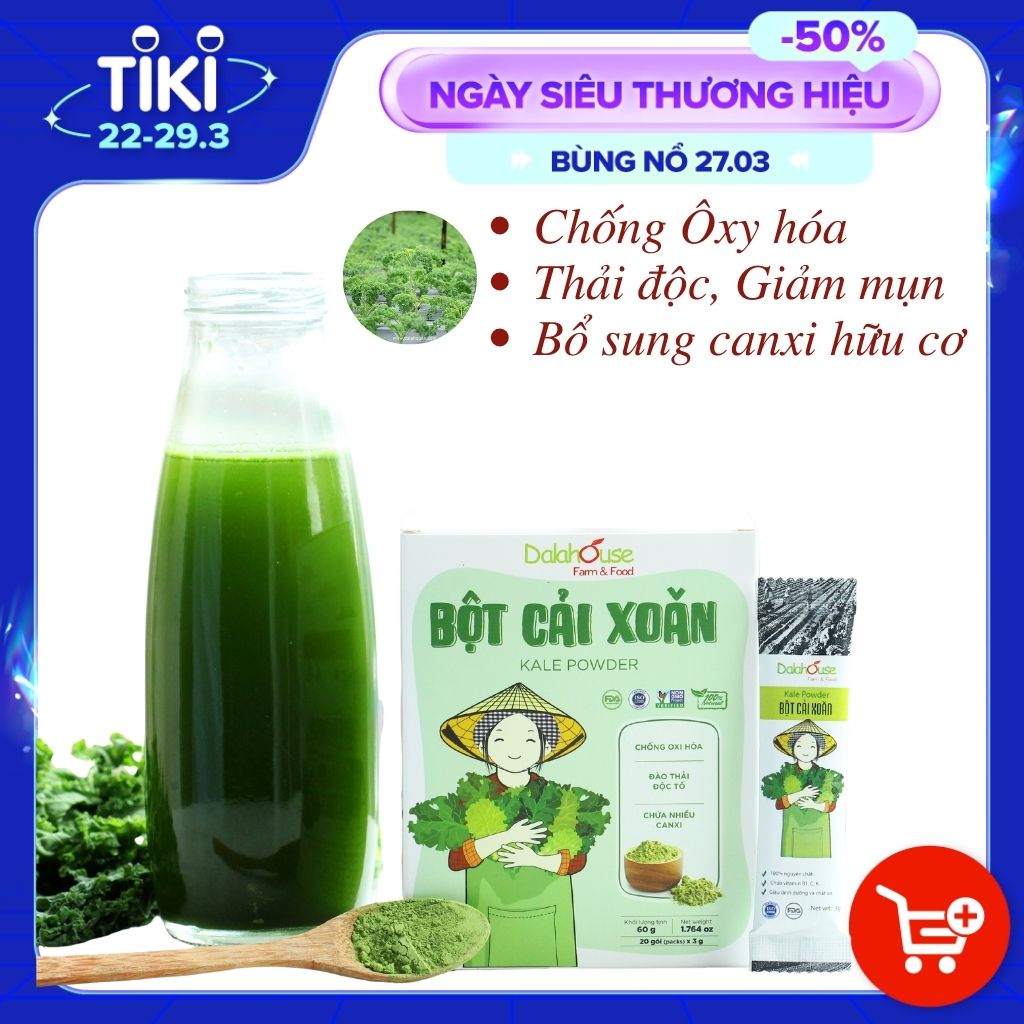 Bột cải xoăn hữu cơ sấy lạnh Dalahouse - Hộp 20 gói 3gr tiện lợi - Đào thải độc tố, chống ô xy hóa, bổ sung can xi hữu cơ cho cơ thể