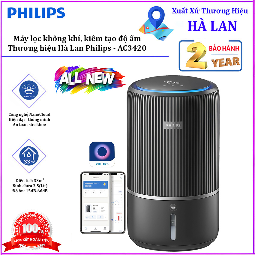 Máy lọc không khí kiêm tạo độ ẩm 2 trong 1, công nghệ hiện đại NanoCloud Serial Series 3400. Thương hiệu Hà Lan cao cấp Philips - AC3420. HÀNG CHÍNH HÃNG