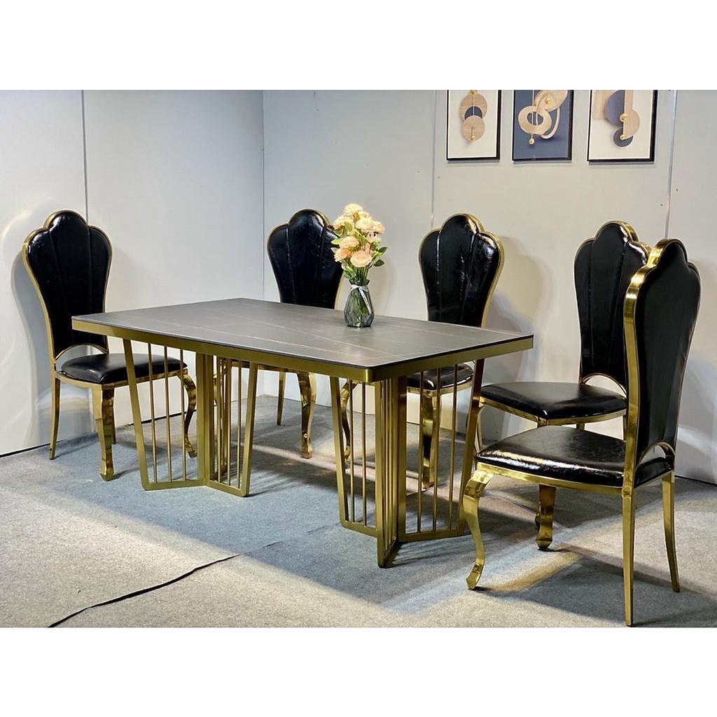 Bàn ăn mặt đá cẩm thạch nhân tạo chân 3 cạnh inox mạ vàng kết hợp ghế Hoa Mai