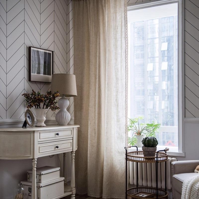 Rèm cửa sổ màu be vintage có viền ren ở mép,chống nắng cao cấp, màn vải treo tường trang trí decor phòng ngủ