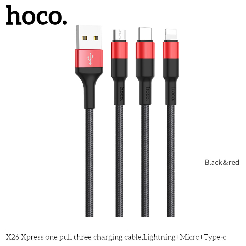 Dây Cáp Sạc Hoco 3 Đầu Bọc Dù Cao Cấp Lightning – Micro – TypeC hàng nhập khẩu
