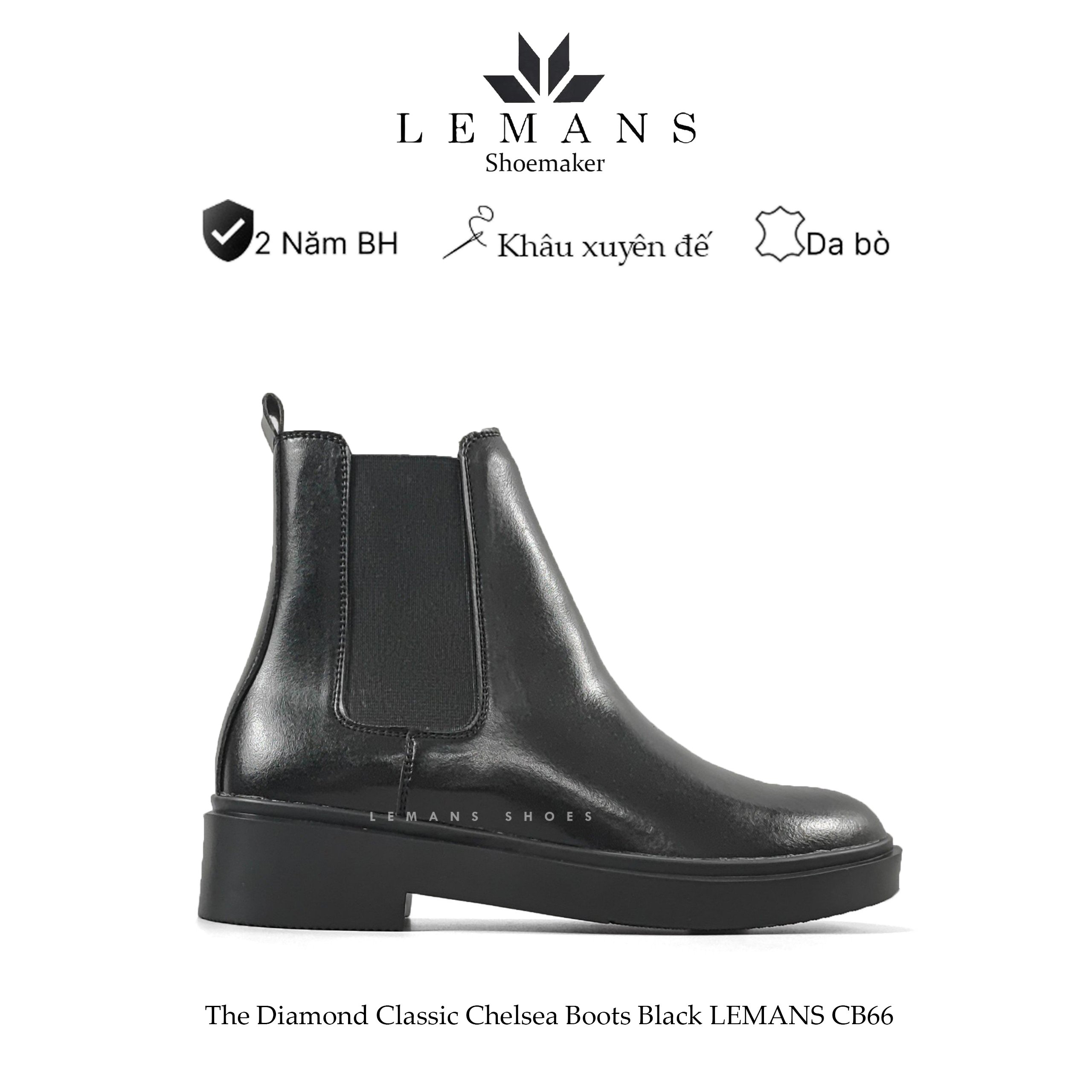 Giày da bò Chelsea Boots Black LEMANS CB66, đế lemans cao 4cm, boot nam chelsea boot nam, bảo hành 24 tháng