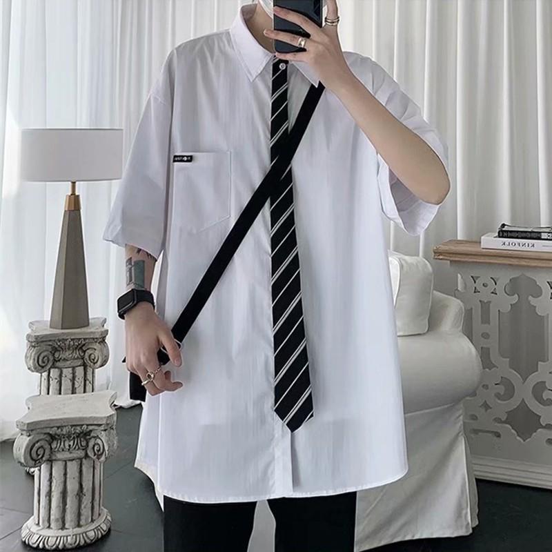Áo Sơ Mi Tay Ngắn Dáng Rộng + Cà Vạt Có Thể Tháo Rời Cá Tính Thời Trang Dành Cho Nam