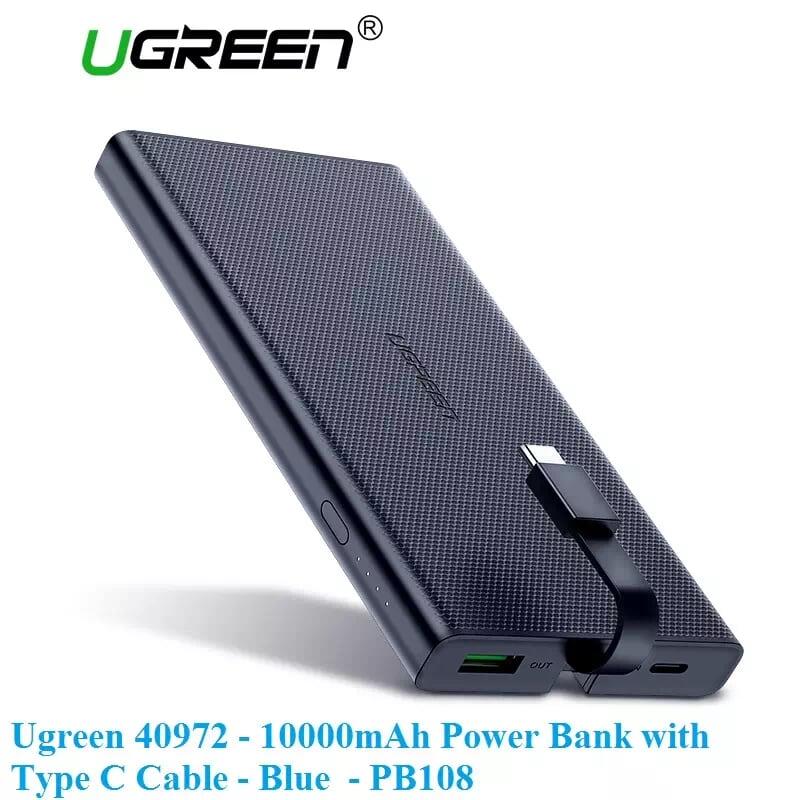 Ugreen UG40972PB108TK 10000mAh màu Xanh Sạc dự phòng + cáp sạc TypeC tích hợp - HÀNG CHÍNH HÃNG