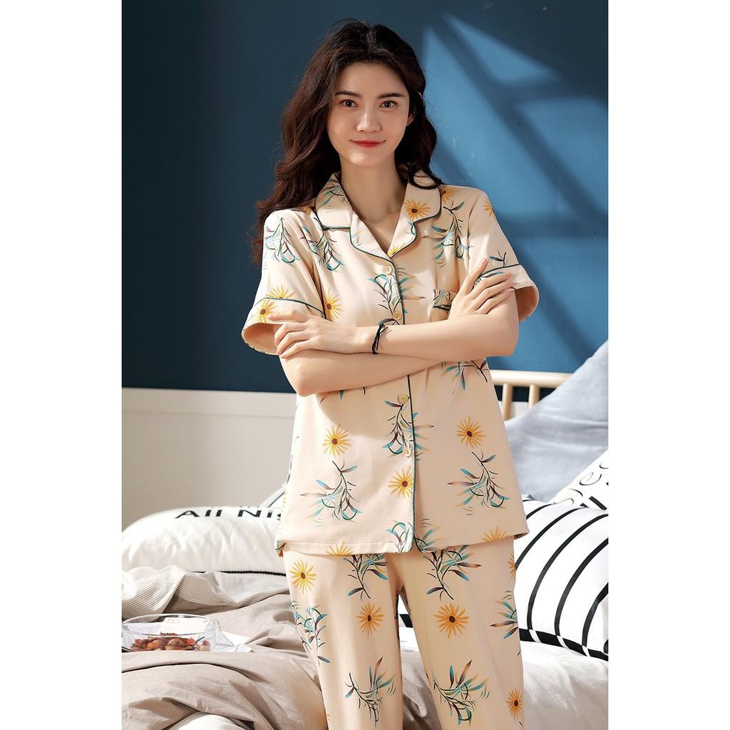 Đồ Bộ mặc nhà Pijama nữ cộc tay vải cotton 100% vô cùng thoáng mát, giặt máy thoải mái không xù không bai dão. Hàng Quảng Châu xịn