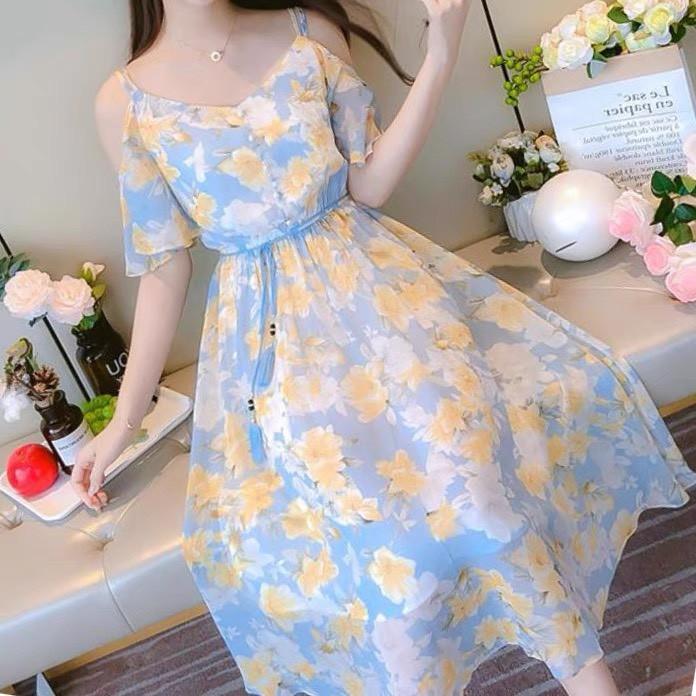 Váy hoa hở vai chun eo mẫu váy thời trang hè xinh xắn