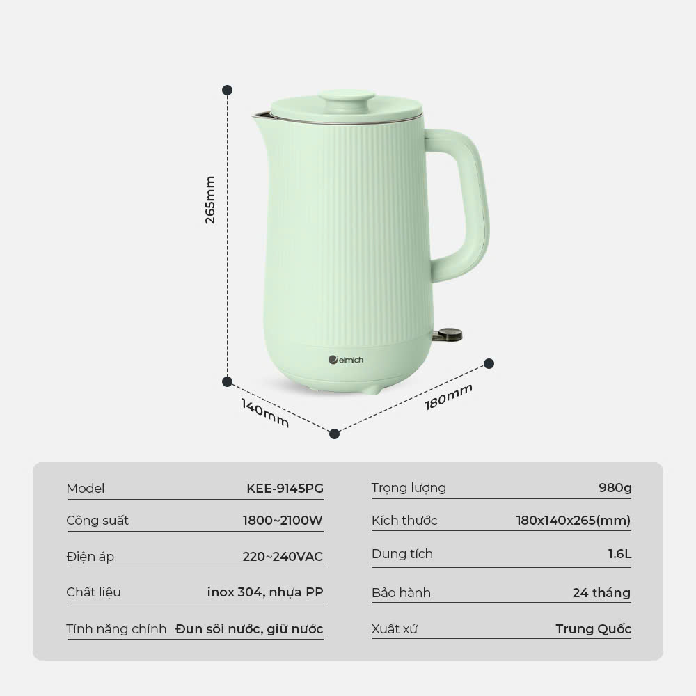 Ấm Đun Nước Siêu Tốc Elmich KEE-9145 1.6L 2100W, Hàng Chính Hãng, Công Tắc Thông MInh - JoyMall