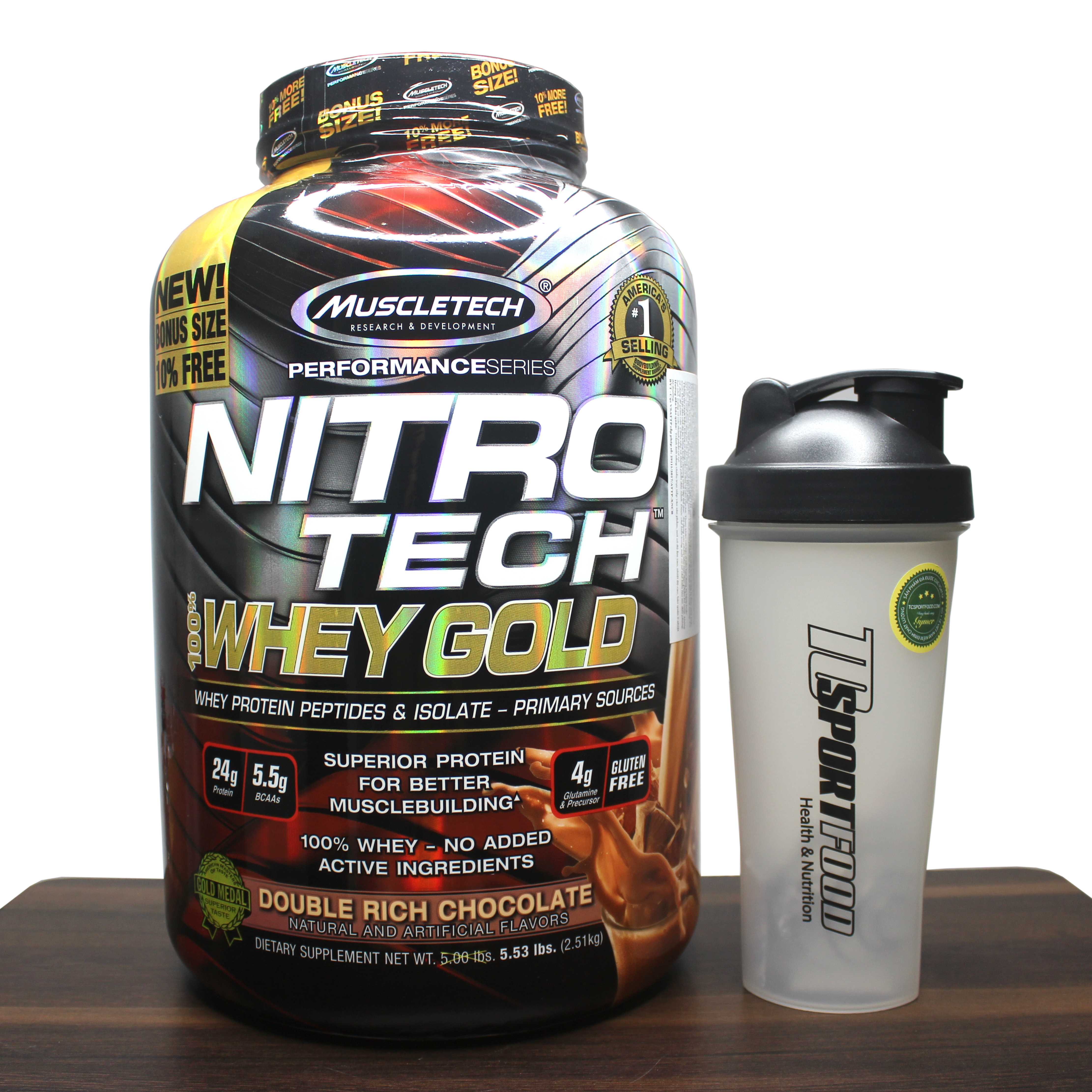 Combo Sữa tăng cơ Nitro Tech 100% Whey Gold của Muscle tech hương socola hộp 76 lần dùng & Bình lắc 600 ml (Màu Ngẫu Nhiên)