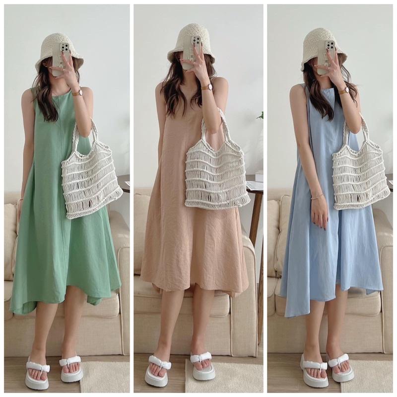 Váy ba lỗ chất đũi không nhăn form rộng oversize Váy suông dáng dài vintage