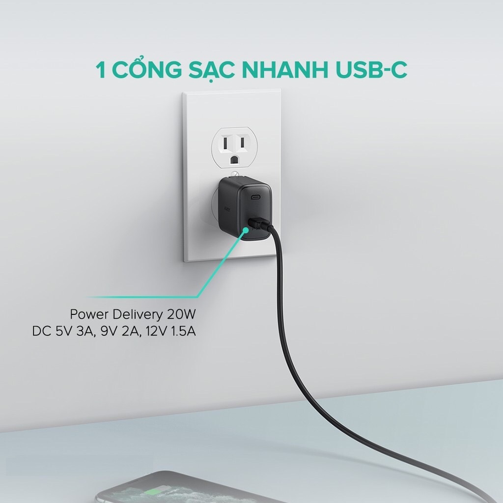 Combo Sạc Nhanh Aukey PA-F1S Power Delivery 20W - Cáp Sạc Nhanh USB-C to Lightning Aukey CB-CL2 2M - Hàng Chính Hãng