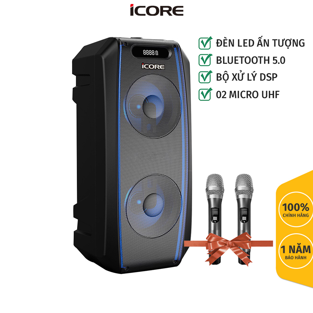 Loa Karaoke iCore i6. Loa xách tay có đèn chớp tắt. Kèm 2 Micro UHF kim loại cáo cấp - Hàng Chính Hãng