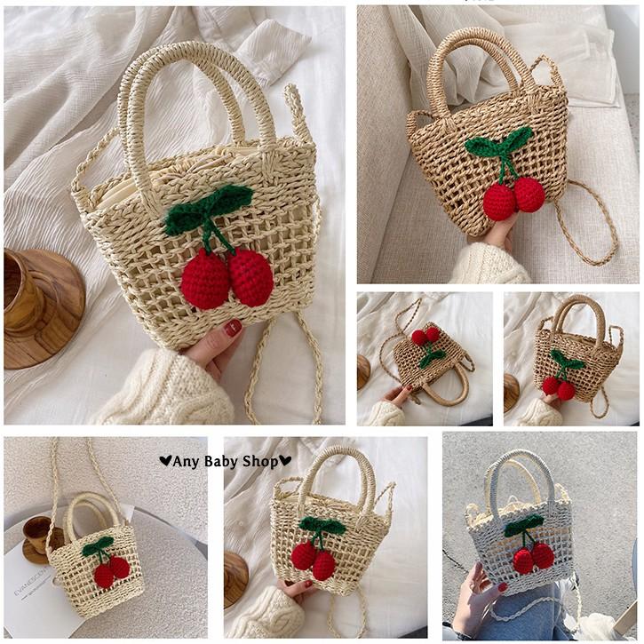 Túi cói đi chơi,đi biển đeo chéo-có quai xách hình cherry 2 màu cực xinh