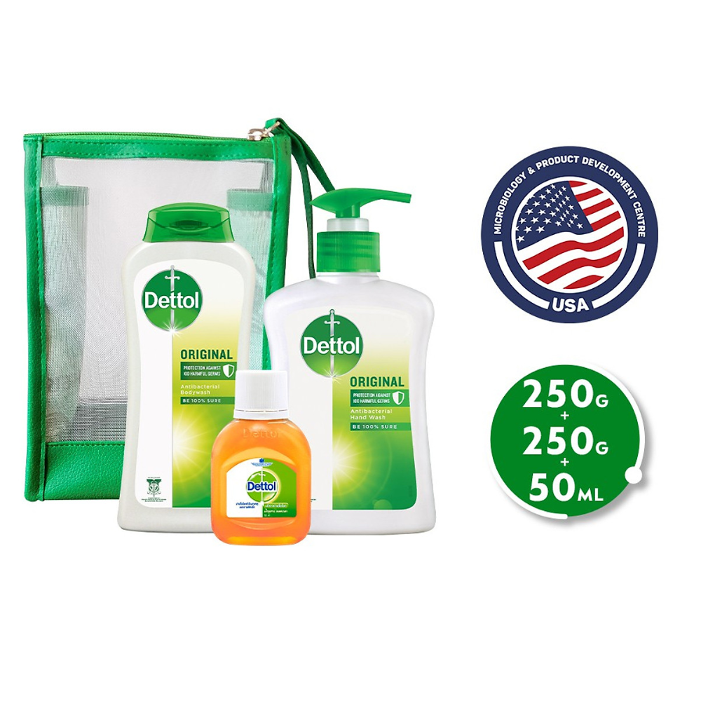 Combo bảo vệ kháng khuẩn toàn diện Dettol (Sữa tắm 250g + Nước rửa tay 250g + Dung dịch diệt khuẩn 50ml)