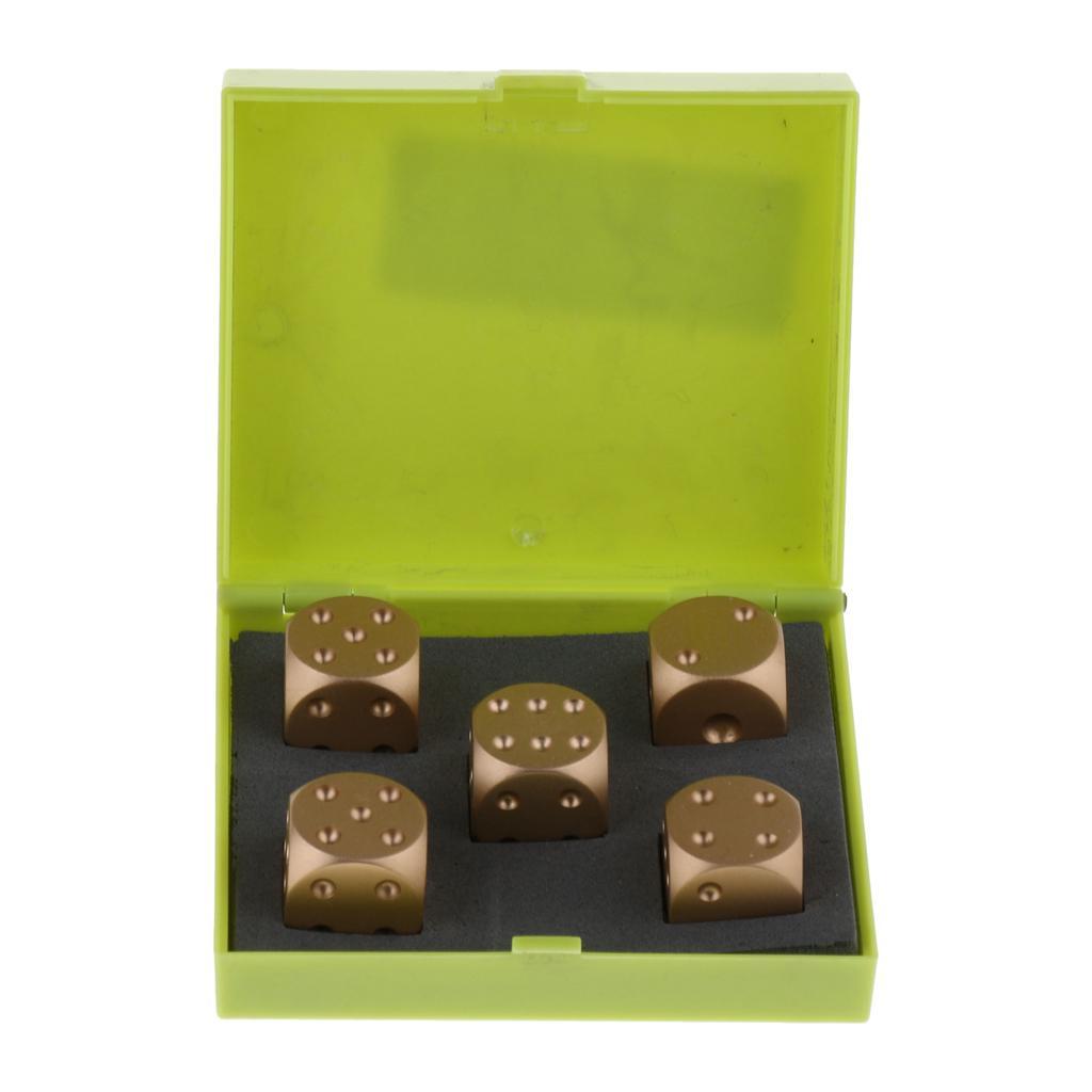 5pcs/set Gold Cube Dice Gift Role Play Games, fully aluminum alloy 6 sided spot dices with a storage box