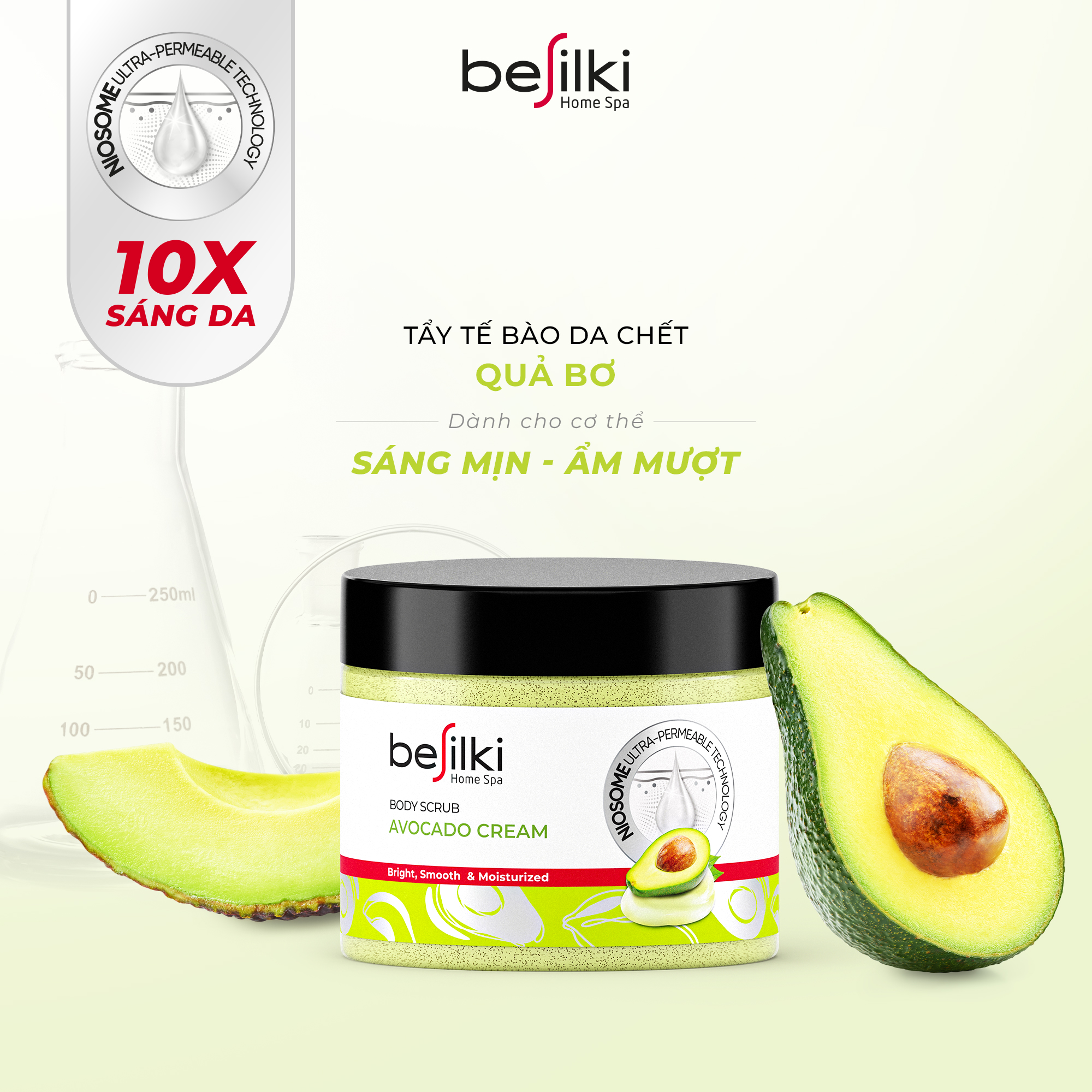 Tẩy da chết Body Bơ Tươi BESILKI 3in1 sáng mịn, ẩm mượt 170ml, 280ml