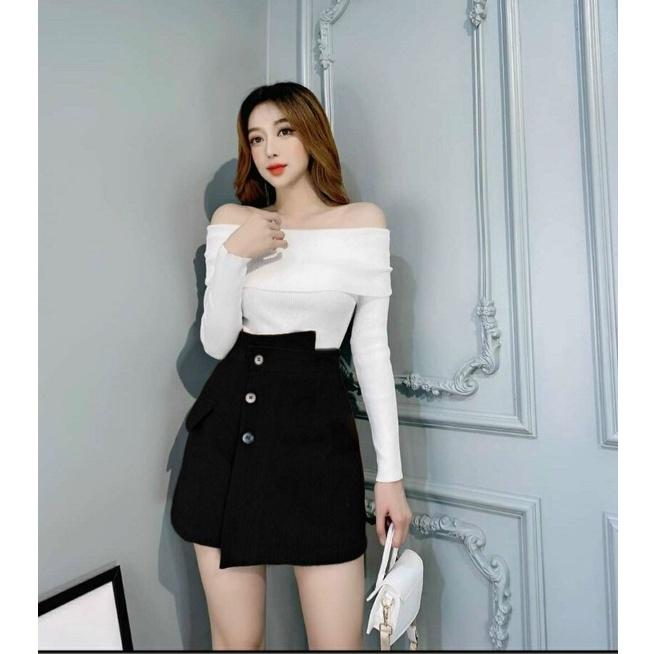 Sét áo cotton trễ vai và chân váy siêu hot