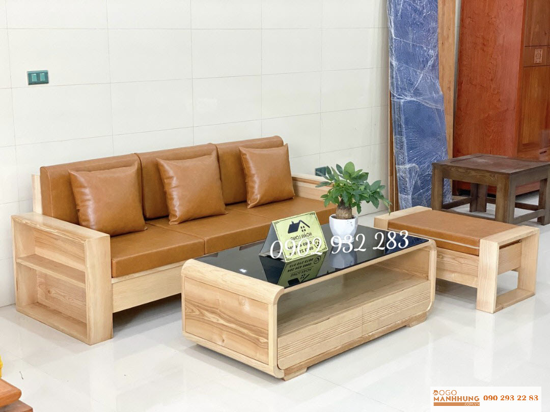 Bộ bàn ghế phòng khách sofa 3 món gỗ sồi tay hộc kéo