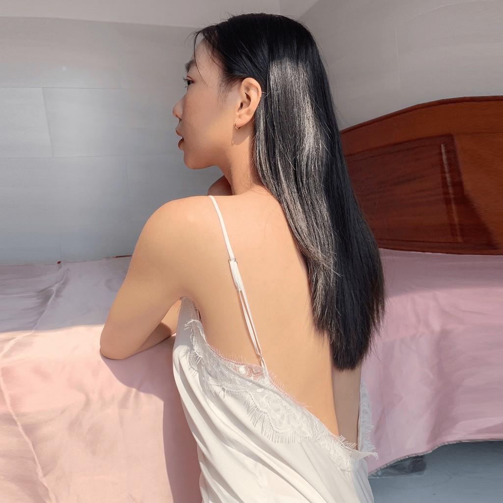Set Đầm Váy Ngủ 2 Dây Sleepwear Quý Phái Cổ Tim Trắng Kem Chất Lụa Cao Cấp Phối Ren Sexy Mát Mịn