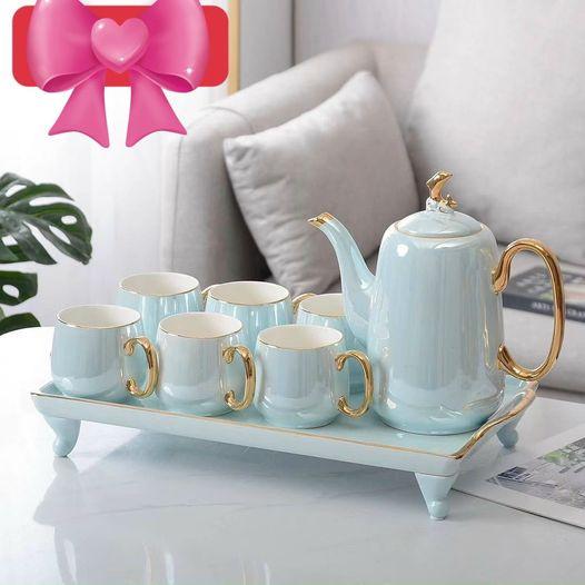 BỘ ẤM CHÉN KÈM KHAY SỨ PHA TRÀ CÀ PHÊ MÀU XANH NGỌC DÁNG CAO