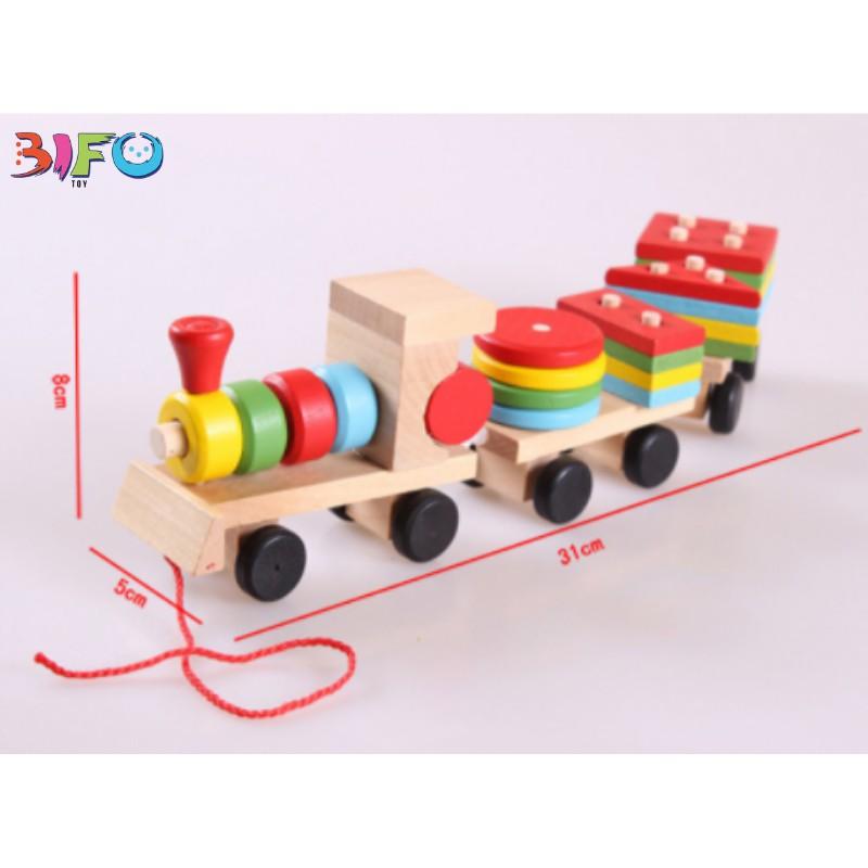 Đồ chơi tàu gỗ thả hình khối và màu sắc tổng hợp theo phương pháp Montessori giúp bé phát triển trí thông minh toàn diện