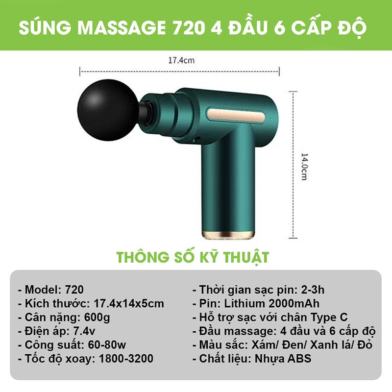 Máy massage cầm tay mini 720, 6 cấp độ massage, 4 đầu massage đa vùng cơ thể