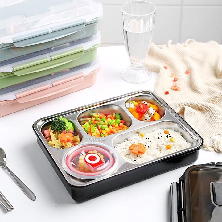 Khay Cơm Inox 5 Ngăn Hàn Quốc Coa Nắp Đậy Tiện Lợi