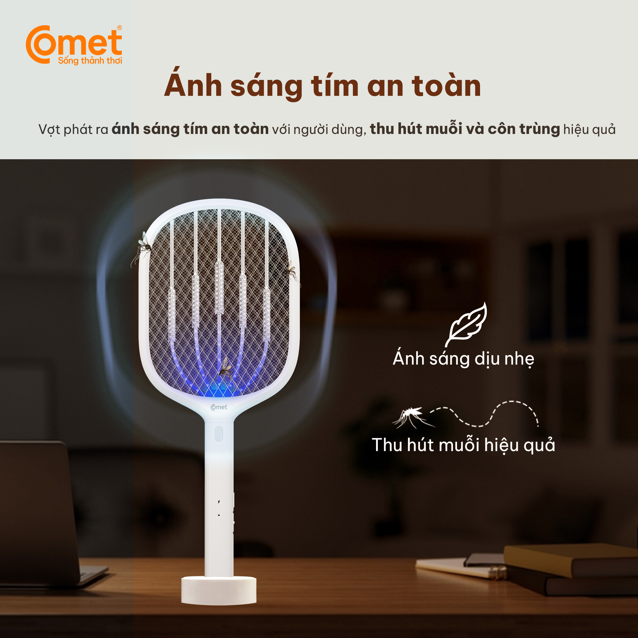 Vợt muỗi điện Comet CP049 Pin Lithium 500mAh sạc 2h dùng 10 ngày BH 12T cổng sạc type C
