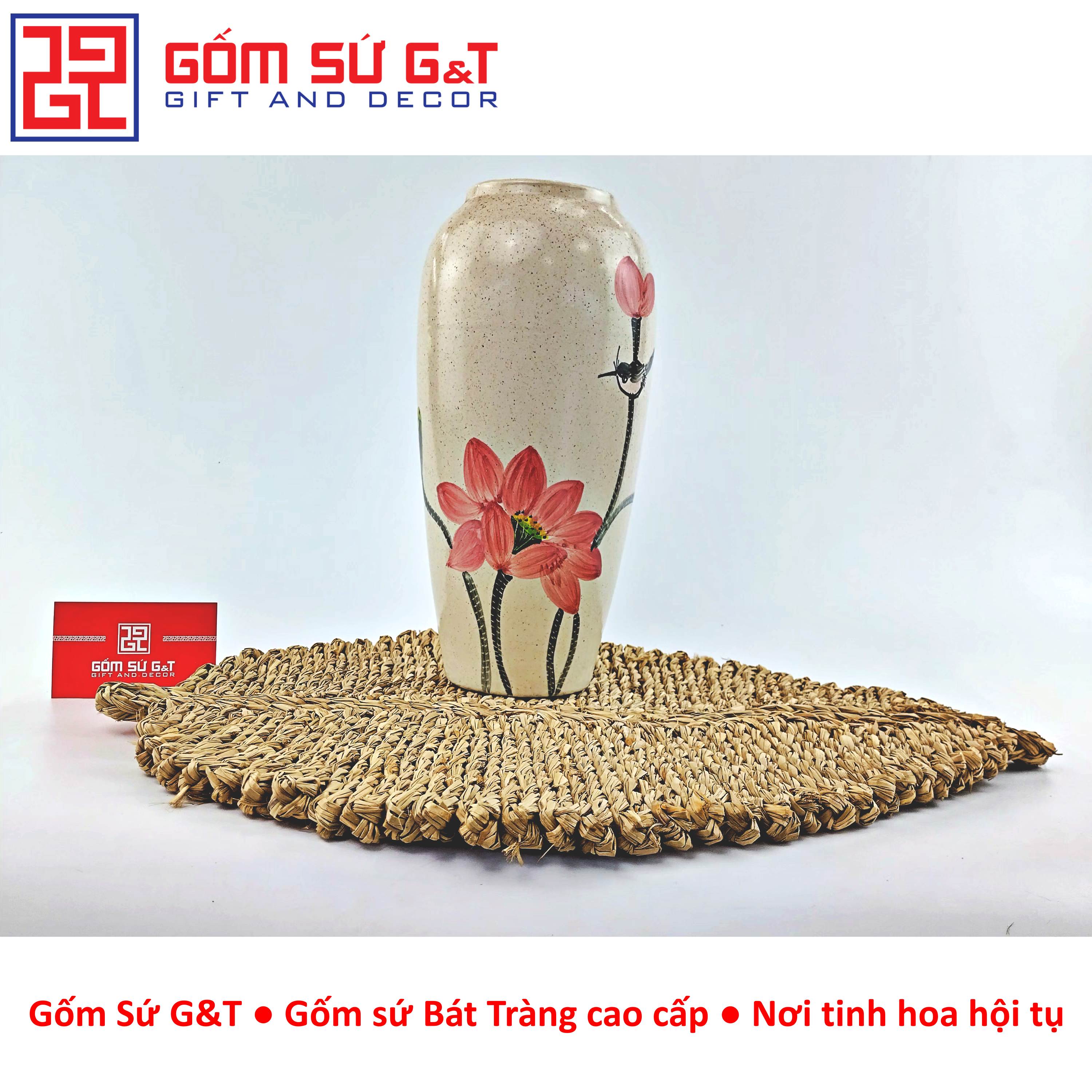 Lọ hoa dáng bom men cát vẽ sen cầm Gốm Sứ G&amp;T