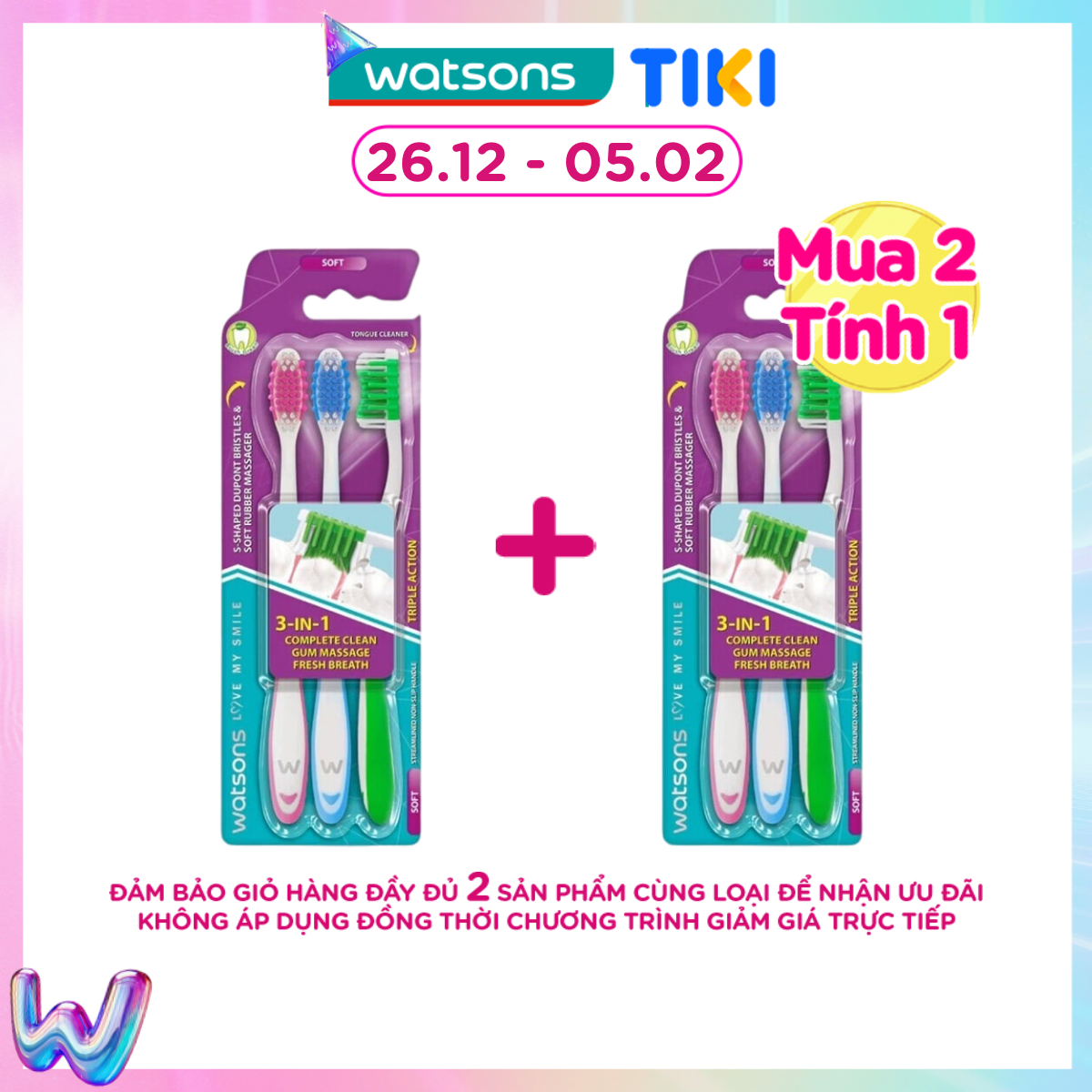 Bàn Chải Đánh Răng Watsons Triple Action Toothbrush (Soft) 3s