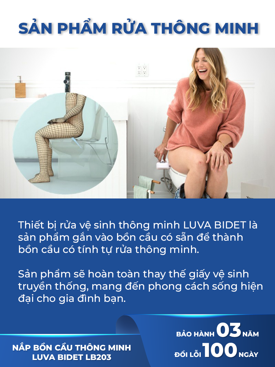 Nắp bồn cầu thông minh LUVA BIDET - LB203 tự rửa vòi phun, không dùng điện, xuất Hàn Quốc, BH 3 năm, đổi lỗi 100 ngày. Tặng lọc nước đa năng LUVA GK1