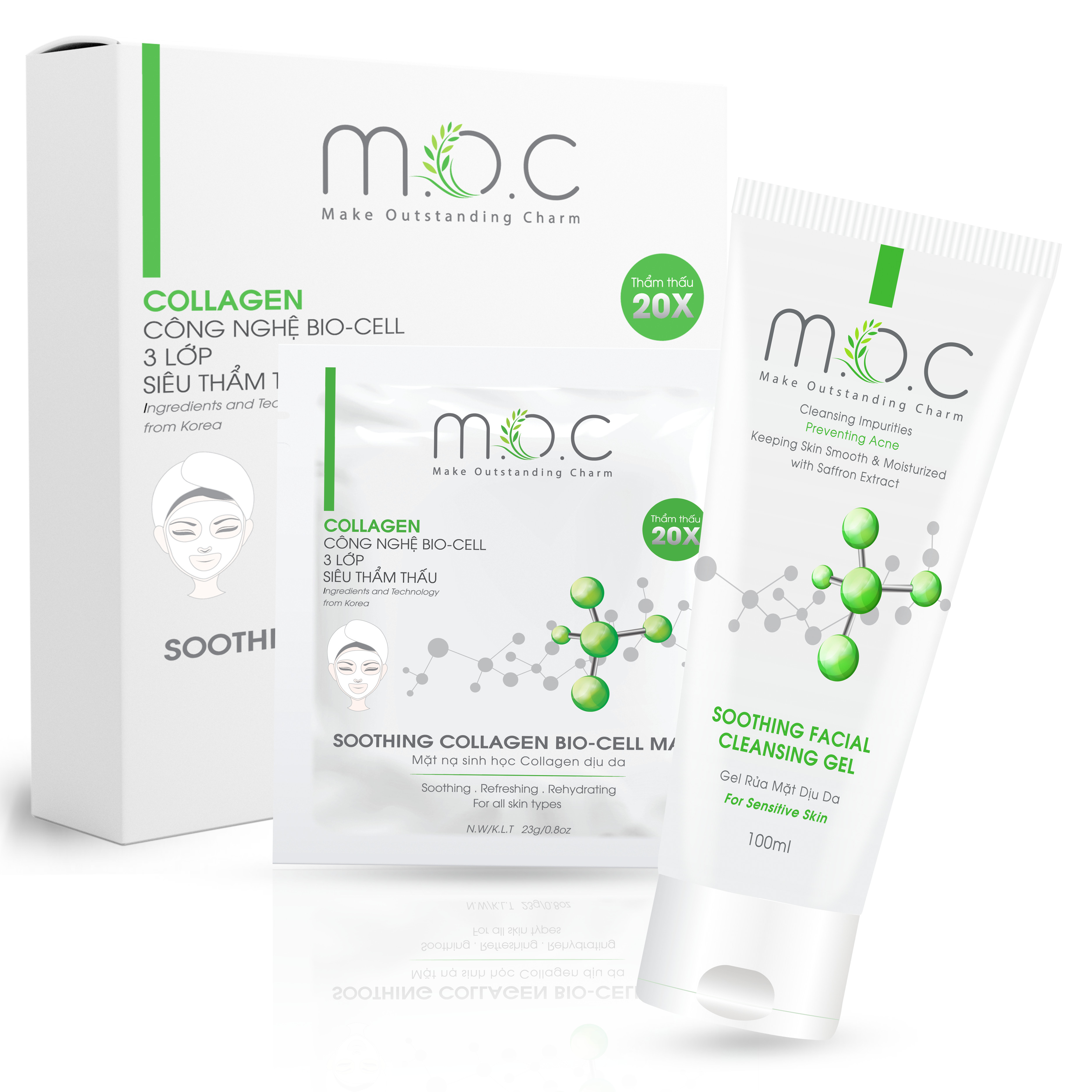 Combo Gel rửa mặt + Mặt nạ Collagen dịu da  M.O.C làm sạch sâu, thông thoáng lỗ chân lông, ngăn ngừa mụn, cấp ẩm &amp; dịu nhẹ với mọi loại da