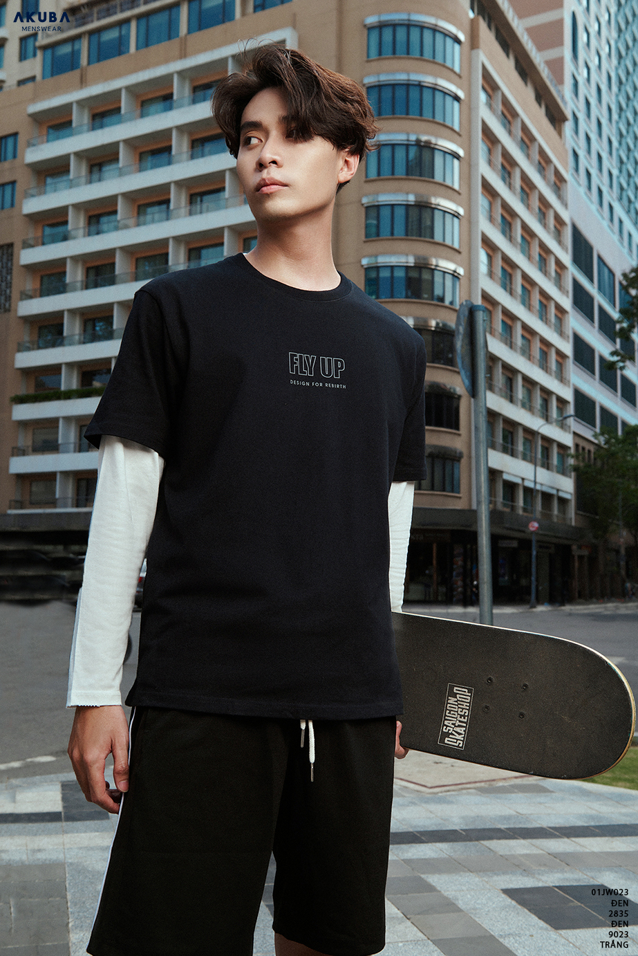 Áo thun nam đen tay ngắn AKUBA form oversize, vải 100% cotton, họa tiết in gel không rách, không co rút 01JW023