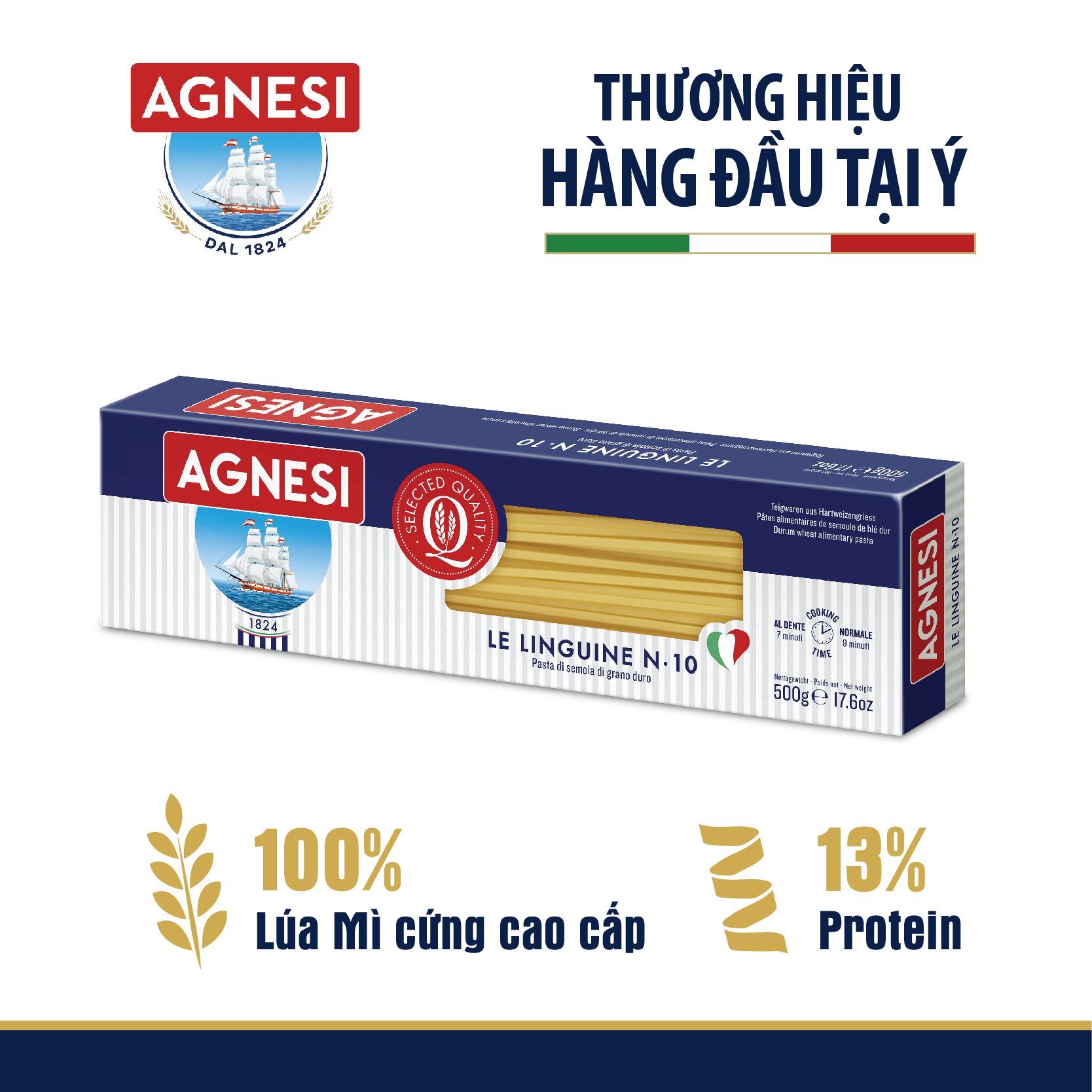 Mì Ý Linguine N.10 Agnesi 500g, cọng dẹt làm từ lúa mì cứng cao cấp Semolina, luộc 10 phút, nhập khẩu Ý