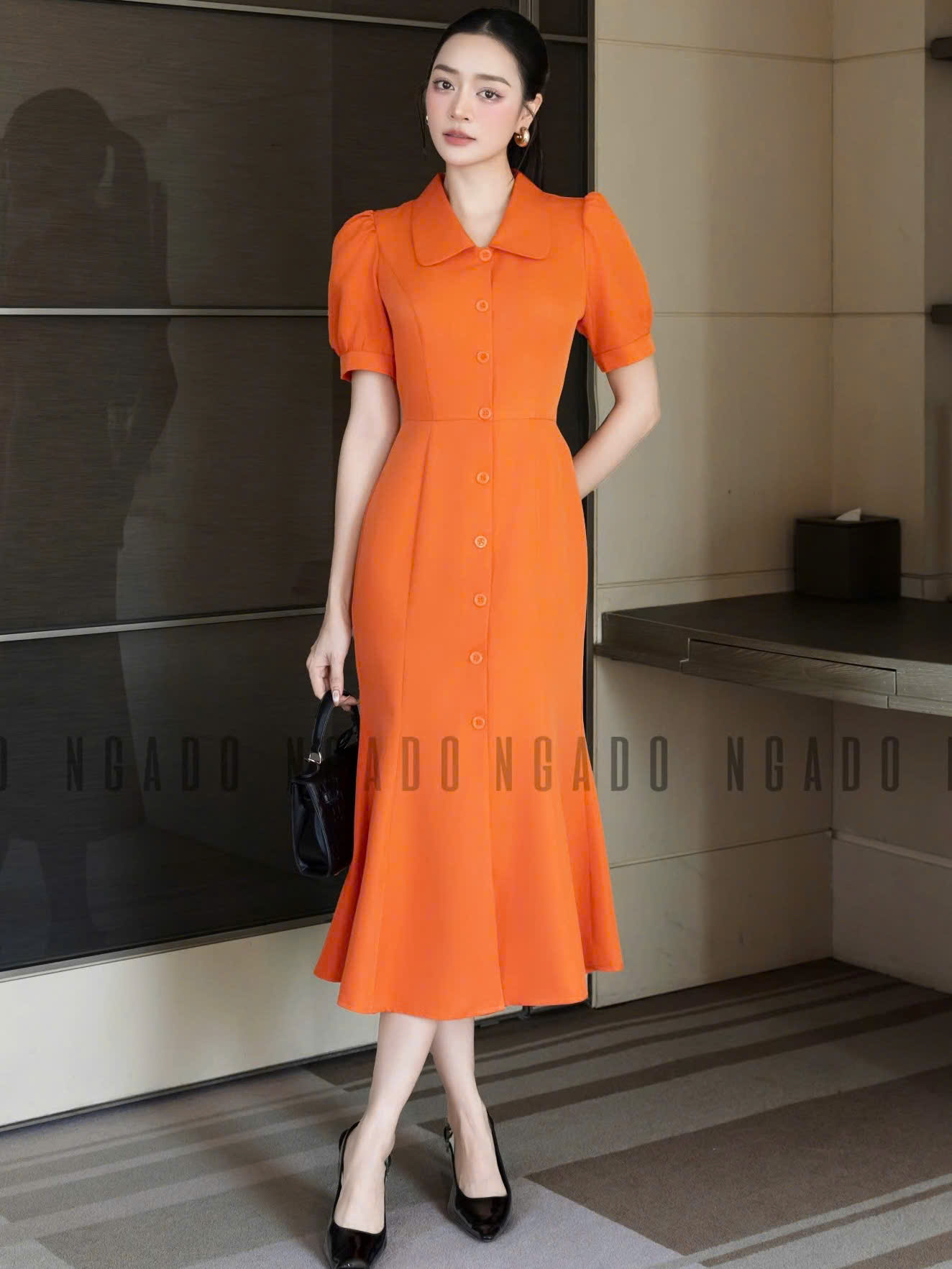 Đầm cam xẻ vạt NGADO , đầm dáng dài , đầm dự tiệc , công sở