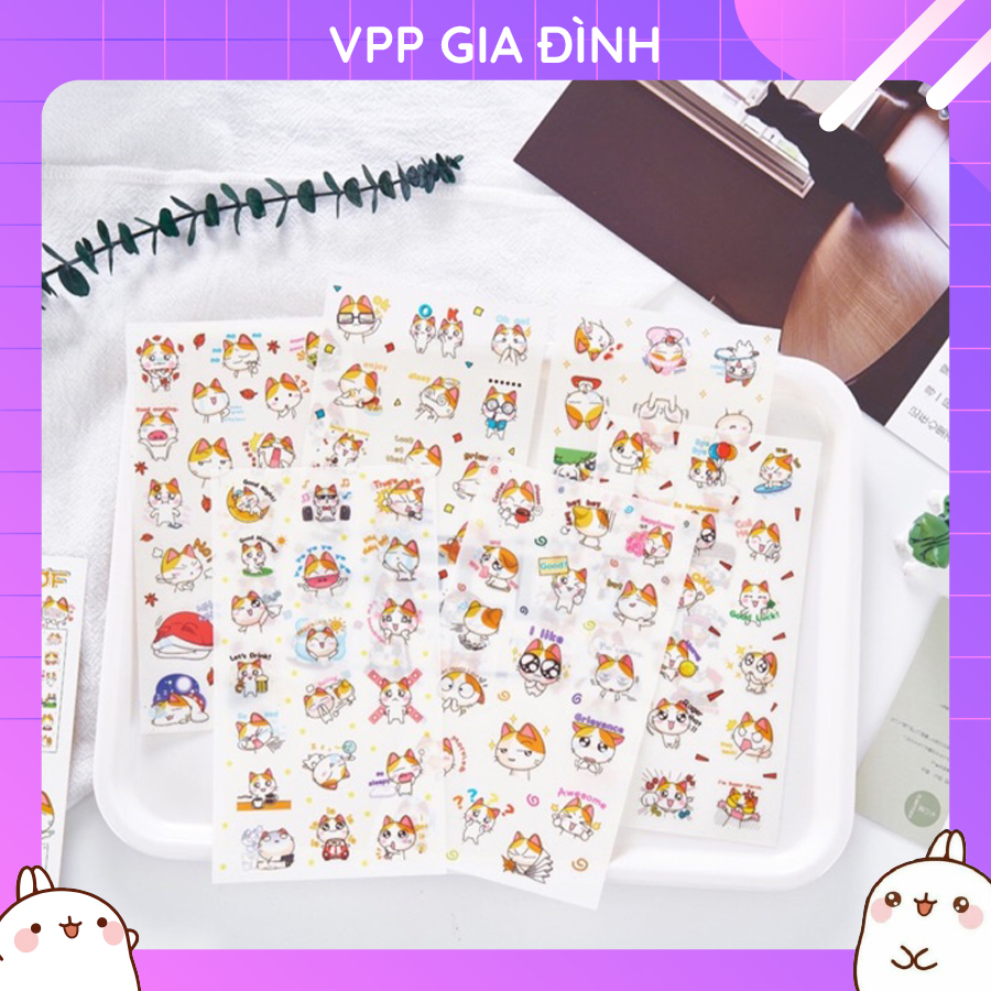 Bộ 6 Tấm Nhãn Dán Sticker Trang Trí Mèo Dễ Thương Mèo May Mắn