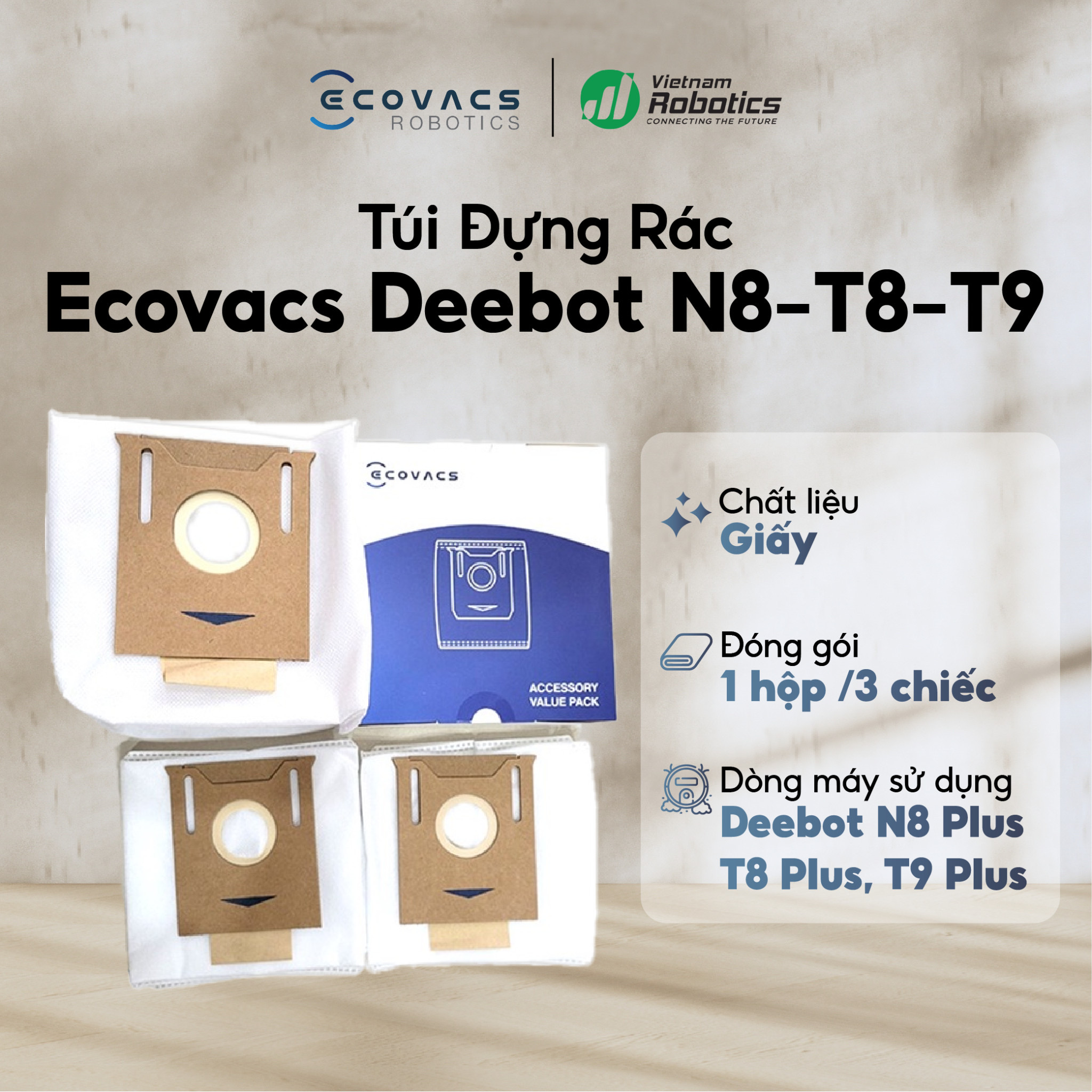Túi đựng rác dùng cho robot hút bụi ECOVACS DEEBOT T8 Max Plus,  T8 AIVI Plus, T9 Plus, T9 AIVI Plus, N8 Plus, N8 Pro Plus, N10 Plus- Hàng Chính Hãng