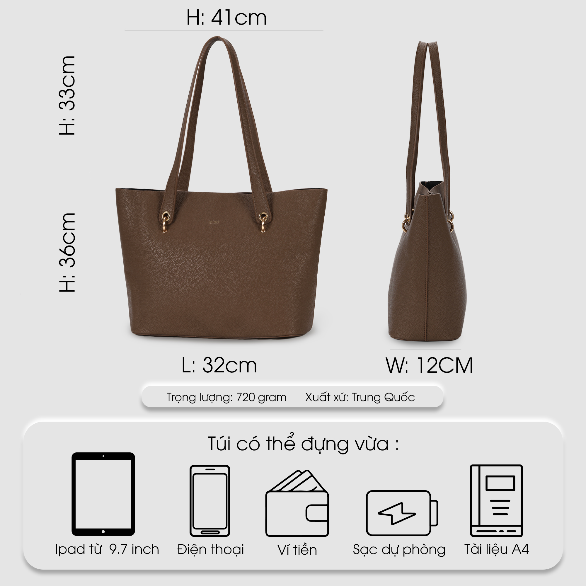 Túi đeo vai giáo viên, túi xách tay công sở nữ phom lớn chứa tài liệu A4 IDIGO FB2 - 6026