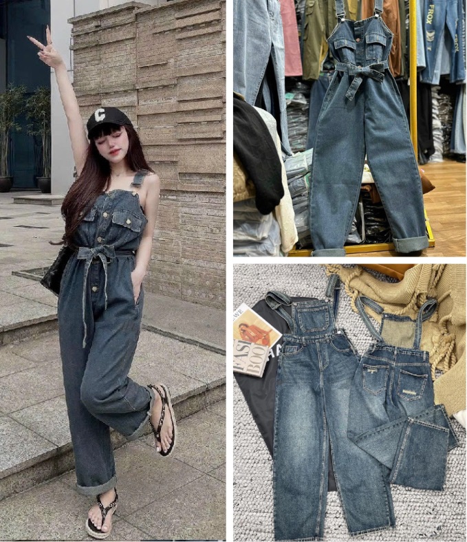 Quần yếm jeans nữ ống suông rộng 2 túi cột nơ, quần yếm xanh jean dài dáng rộng phong cách Hàn Quốc