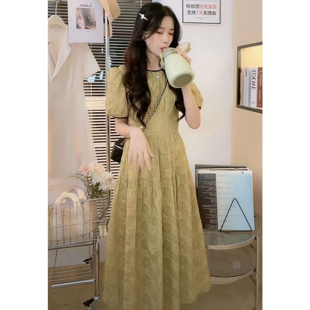Đầm midi hoạ tiết hoa hồng cổ tròn viền tay phong cách vintage - V02