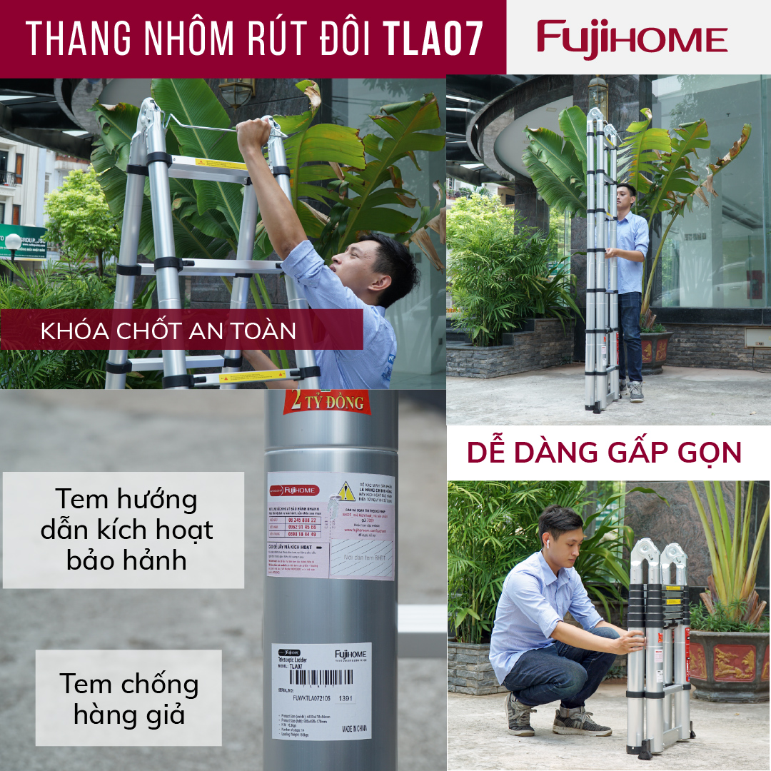 Thang nhôm rút chữ A gấp gọn 5M Nhật Bản Fujihome chống trượt, thang rút đôi 5 mét gấp xếp gọn gia đình đa năng có khóa an toàn 2m4 telescoping ladder - Hàng Nhập Khẩu