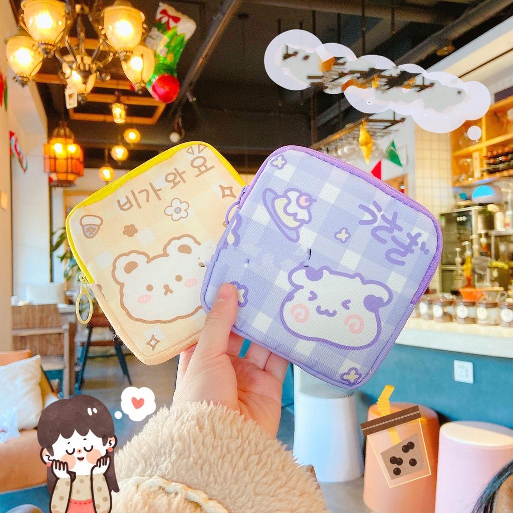 Túi đựng băng vệ sinh/tiền xu bằng nylon sức chứa lớn có khóa kéo họa tiết hoạt hình nhiều màu lựa chọn cho nữ