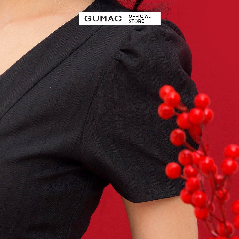 Đầm dáng ôm GUMAC DC01040 body công sở thiết kế cổ V phối bèo