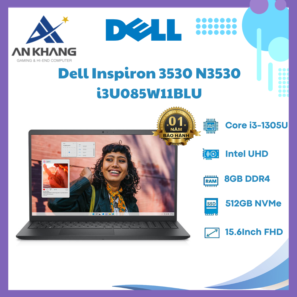 Laptop Dell Inspiron 3530 N3530-i3U085W11BLU (Core i3-1305U | 8GB | 512GB | Intel UHD | 15.6 inch FHD | Win 11 | Office | Đen) - Hàng Chính Hãng - Bảo Hành 12 Tháng