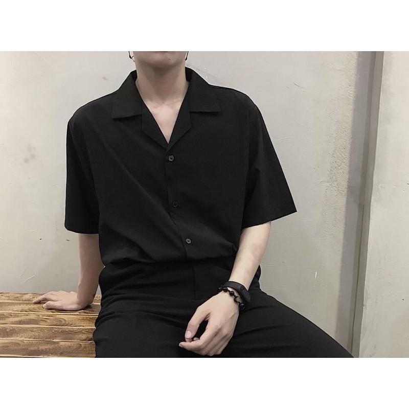 Áo Sơ Mi Trắng Đen Ngắn Tay Cổ Vest Vải Lụa Nam Nữ Unisex