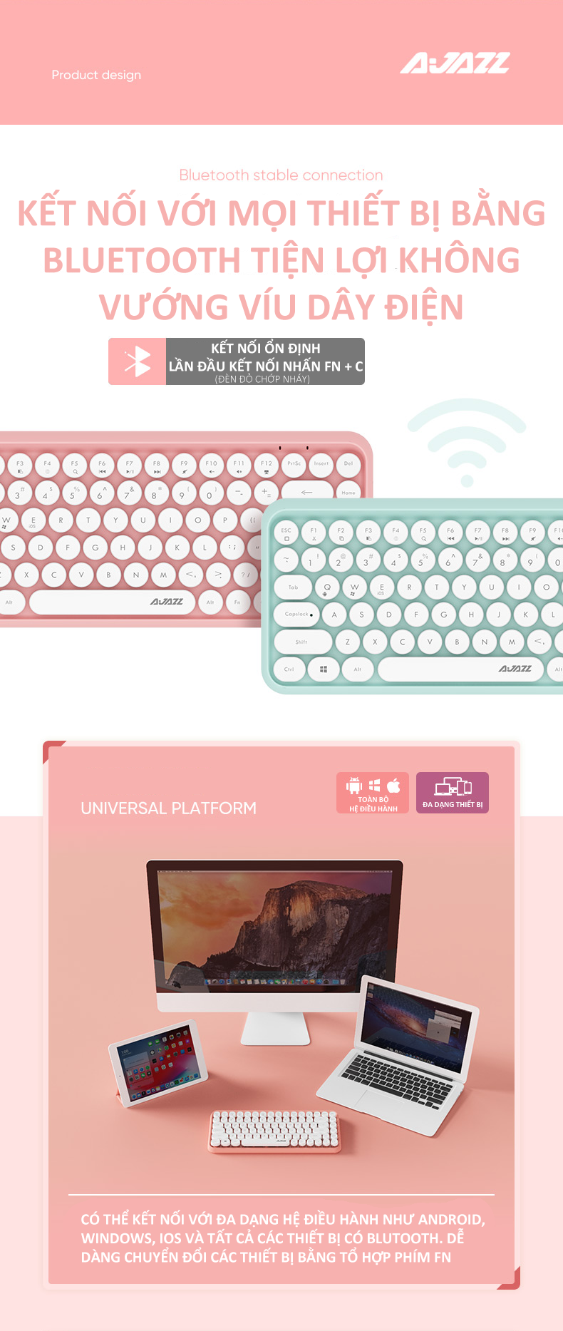 Bàn phím bluetooth Ajazz 308i thiết kế 84 phím tròn mini cực kì nhỏ gọn tiện lợi - Hàng Chính Hãng